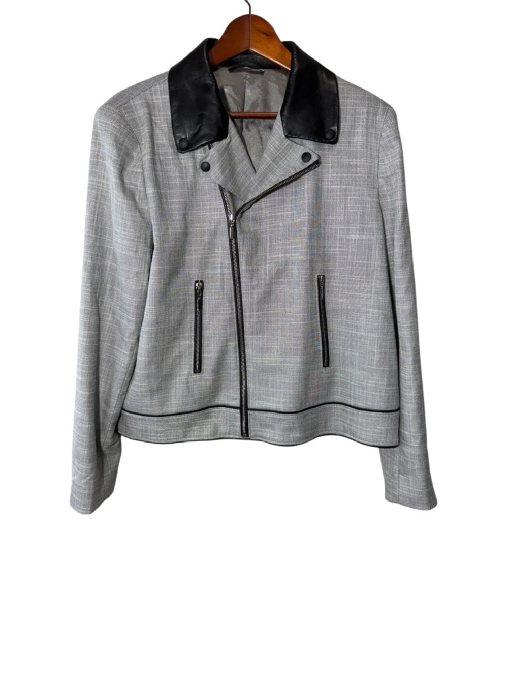Tahari Cropped Moto Blazer Jacket Gray Black Faux Leather Collar Zip XL